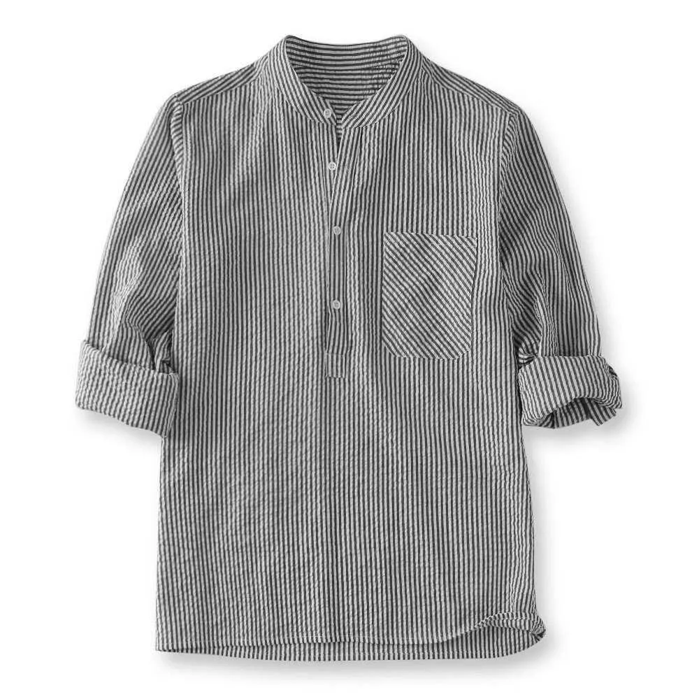 Половина кнопки Рубашка Мужчины Вертикальный PINSTRIPE Shister Shister Card Pocket Стенд Воротник Длинные Рубашки с длинным рукавом 5XL Drop 210527