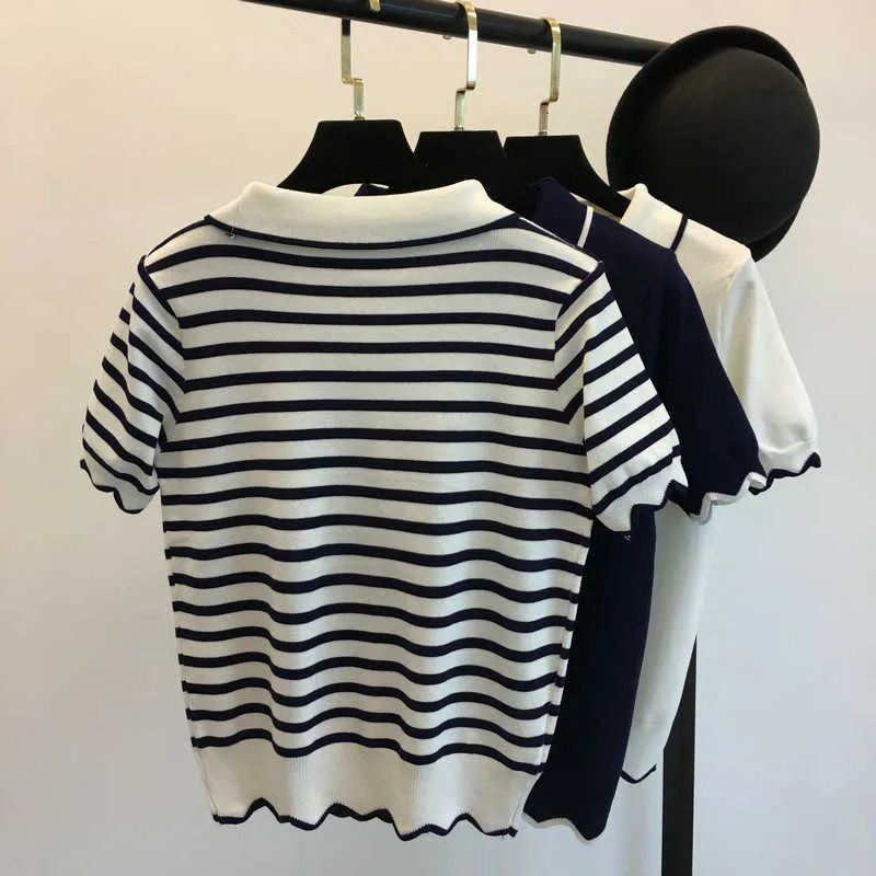 Vintage Pan Collar Pull Stripe Sweater Women Casual Knitted Bowknot Short Sleeve Pullover Summer Single Breasted Korean Top 210525