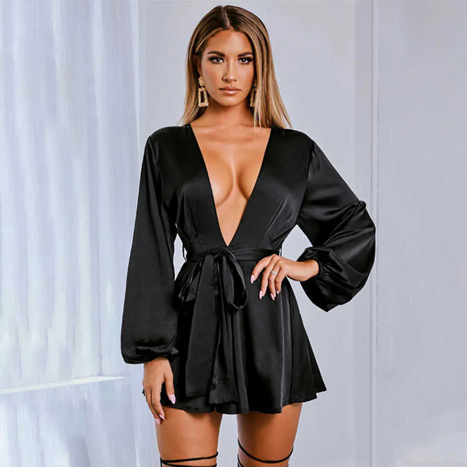 Mini robe sexy satin A-Line Automne Fashion Deep V Neck Neckless Bubble Bubble à manches longues Vestidos 210527 à lacets à manches longues 210527