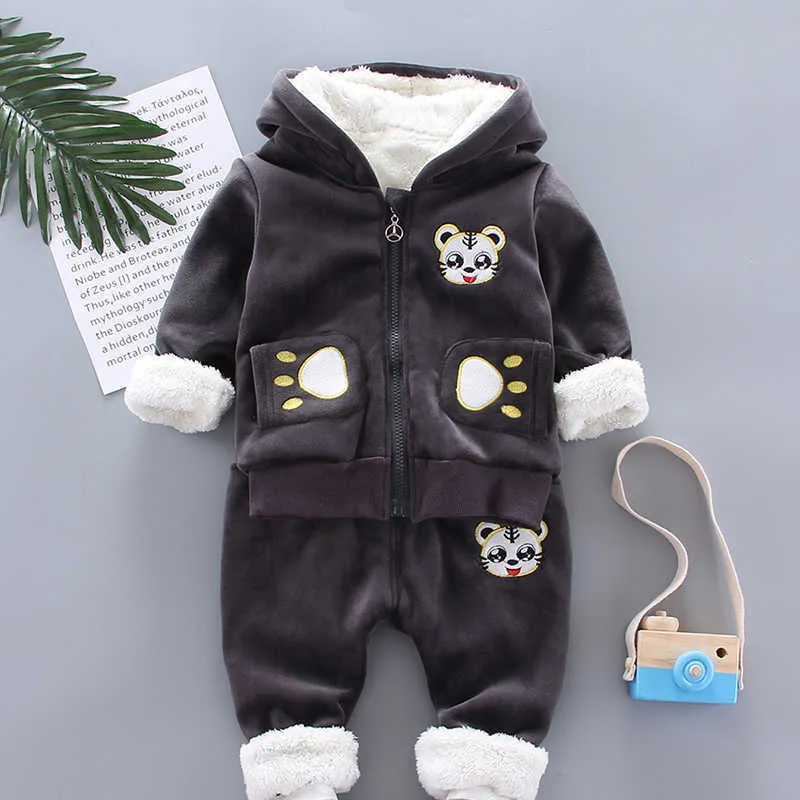 Bear Leader Baby Boys Winter Warm Outfits Cremallera Chaquetas de manga larga con sombrero y pantalones Niños Niñas Trajes de dibujos animados 210708