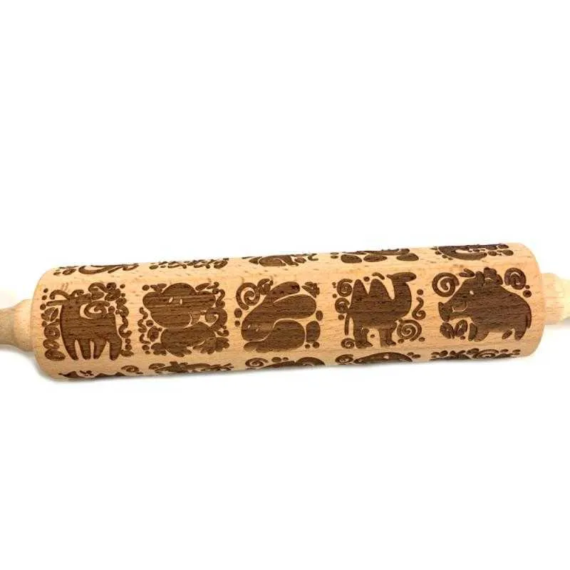 Lasergraviertes Nudelholz aus Holz mit Cartoon-Tiermuster, Nudelholz für Kinder, Keks-Nudelholz, Küchenutensilien 211008