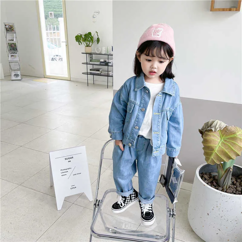 Partihandel Spring Baby Girl 2-PCs Set Långärmad Denim Jacka + Jeans Casual Style Kids Kläder E6058 210610