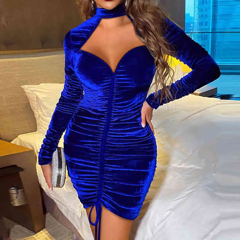 Sexig Hollow Out Velvet Klänning Elegant Kvinnor Lace Mesh Bodycon Party Dress Höst Långärmad Bodycon Slim Sequin Dress Vestidos X0521