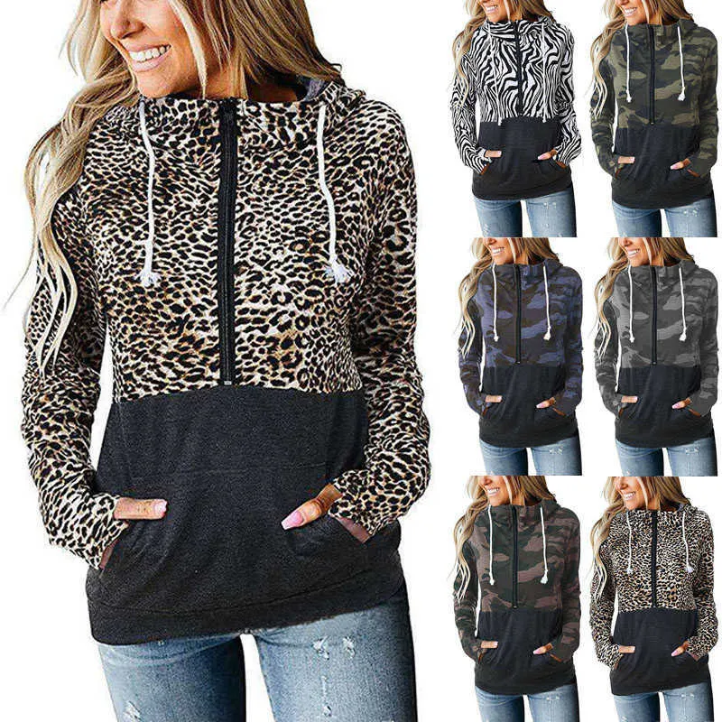 Leopard Camouflage Print Patchwork Rits Pocket Tops Dames Lange Mouwen Losse Hooded Sweatsirt Fashion Casual Pullovers Hoodies 210928