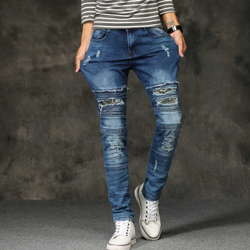 Jeans pour hommes déchirés détruits Biker Jeans Hip Hop Pantalon en denim extensible Slim Fit Patchs masculins Trou Mâle High Street Pantalon 210622