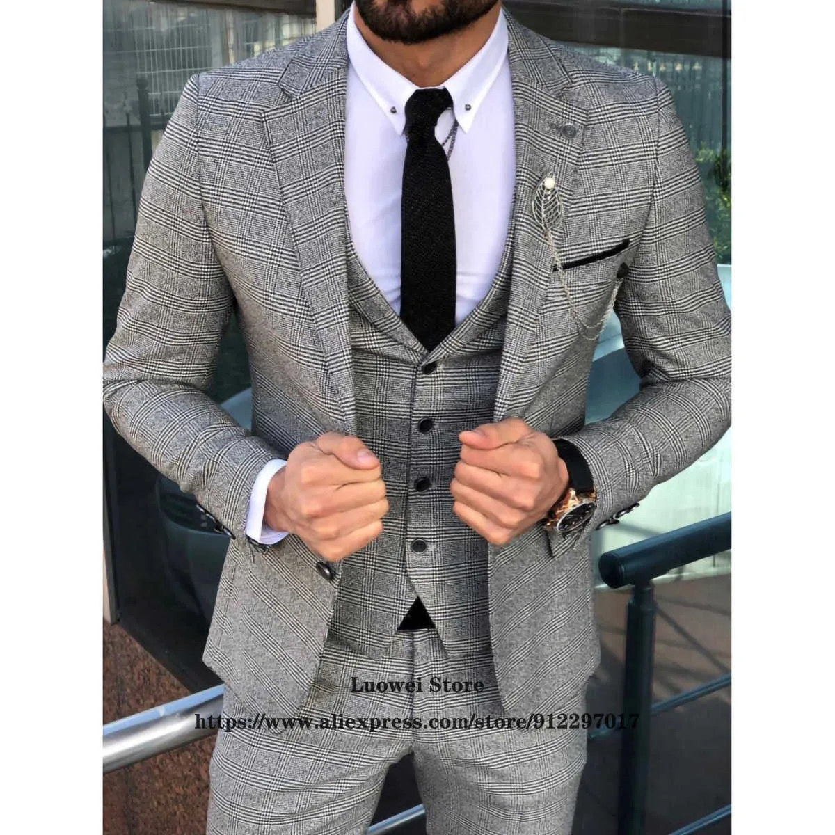 Gray Tweed Mens Garnitury Klasyczne Wełniane Plaid Formalny Biznes 3 Sztuka Zestawy Groom Wedding Blazer Costume Homme Kurtka + Kamizelka + Spodnie X0909