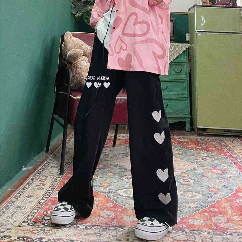 Houzhou Harajuku Pantalon Rose Streetwear Femmes Oversize Taille Haute Taille Large Pantalon Broderie Esthétique Lâche Mode Coréenne 211216