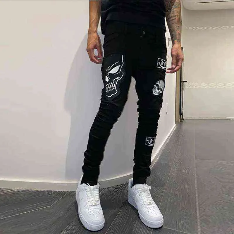 Mens Slim Black Jeans Skull Printed Design Casual Elastic small feet Pencil Pants Biker High Quality Street Denim Trousers 211111