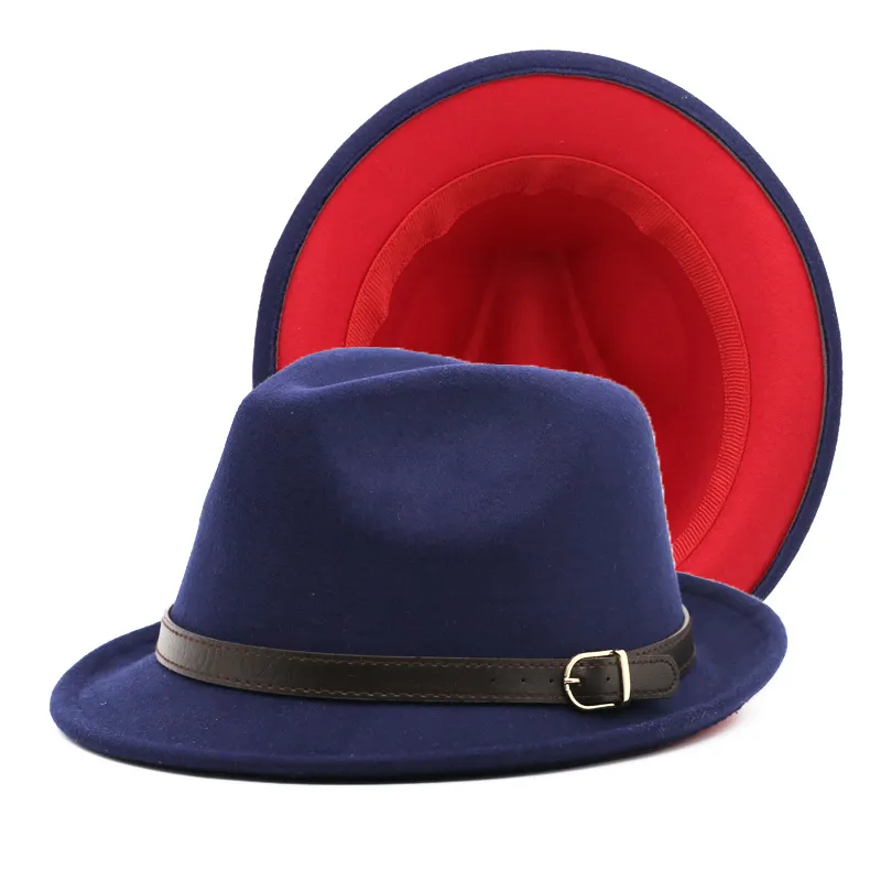 2022 New Short Brim Black Red Patchwork Jazz Fedora Hat with Belt Buckle Women Men Wool Felt Panama Homburg Hat for Party Wedding1902