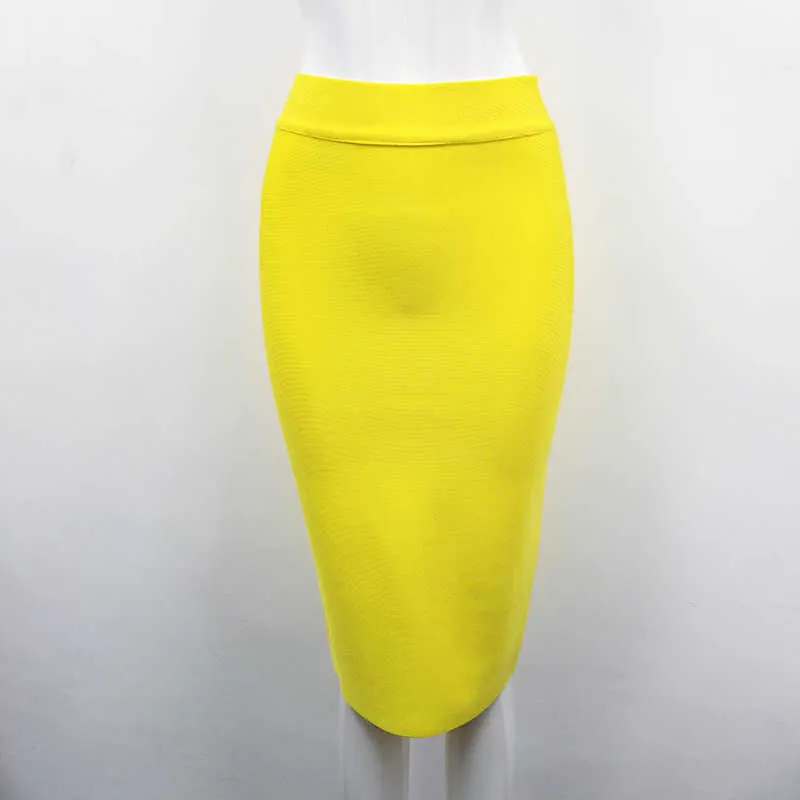 Högsta kvalitet damer kjol knä längd svart gul grön rayon bandage penna kvinnor mode formell kjol 210724