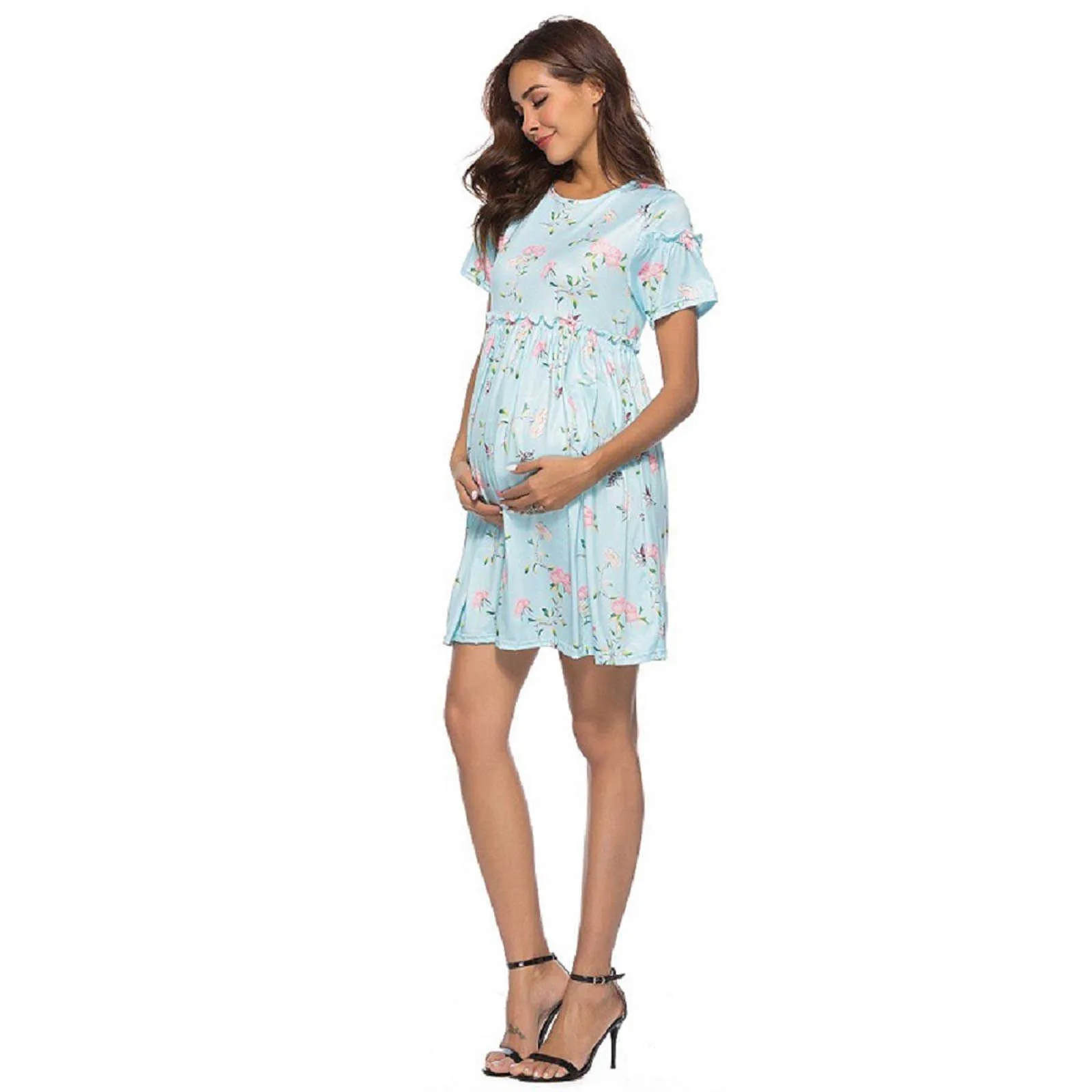 Robes enceintes Femmes Casual Femmes Vêtements Trompette À Manches Courtes Fleurs Maternité Réservoir Mini Robe Robes Mujer Verano 2021 Q0713