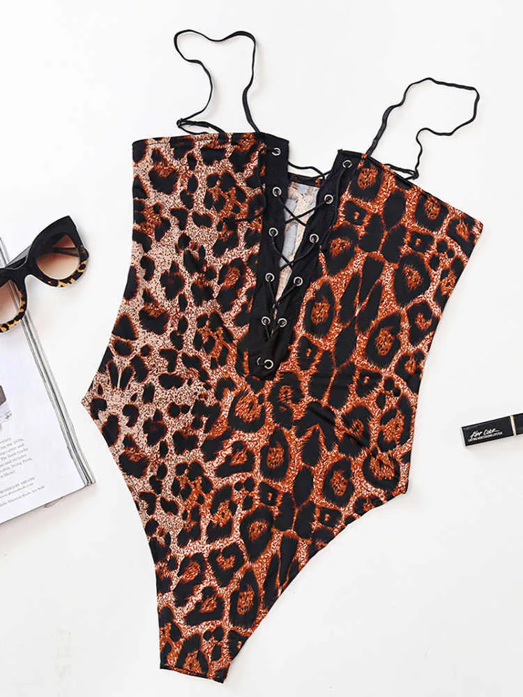Sommer Trendy Frauen Tiefem V-ausschnitt Spaghetti Strap Leopard Print Lace Up Weibliche Body Sexy Trikot Körper Tops Einteilige Overalls y0927