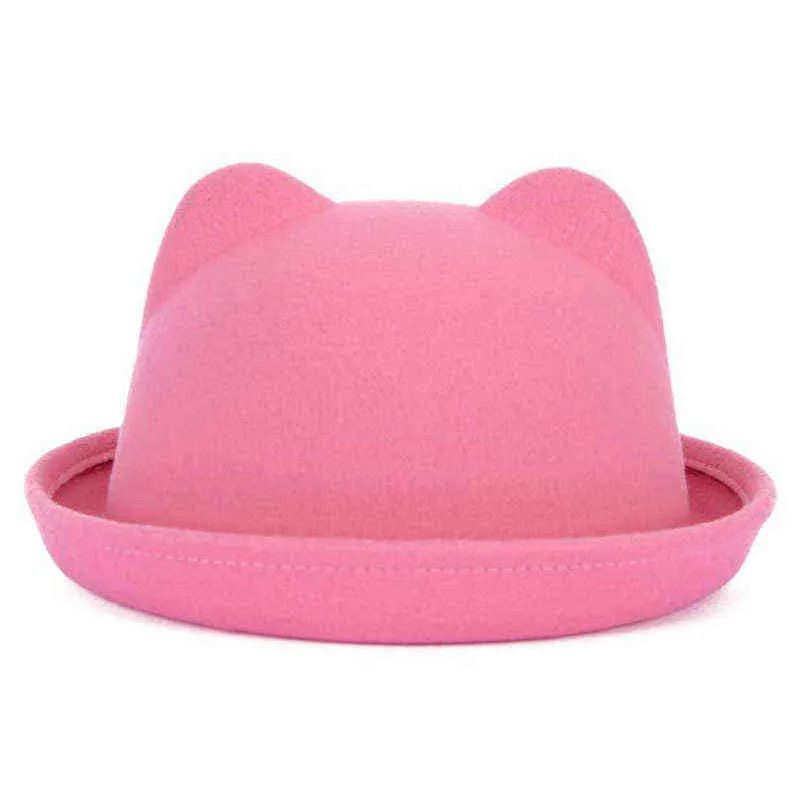 Mode förälder-barn bowler hatt ullfilt Fedora hattar för kvinnor tjejer barn solid katt öra formell cap trilby sombrero derby y1118