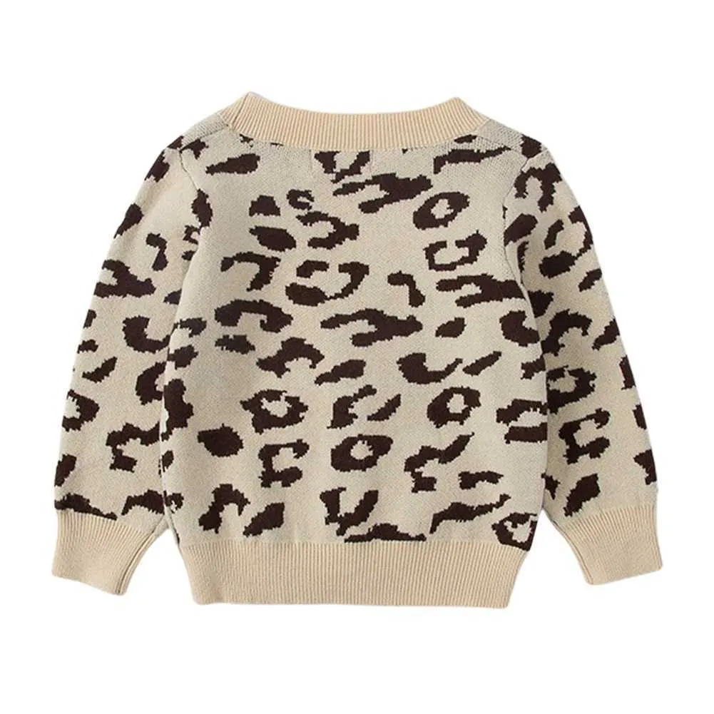 Autumn Winter Kids Cardigan Sweater Cartoon Leopard Print Sweater V-Neck Long Sleeve Button down Knitted Cardigan Jacket 1-8Y Y1024