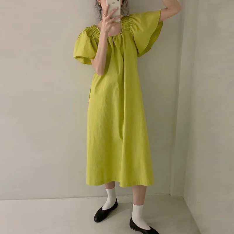 Korejpaa Women Dress Summer Korean Chic Lazy Style Thin Square Collar Ruffled Sense Loose Casual Flared Sleeve Vestidos 210526