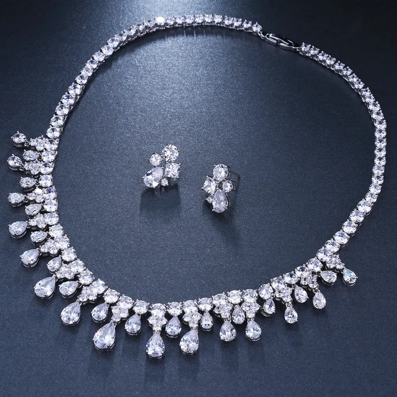 Emmaya-Conjunto de collar y pendientes para boda, Circonia cúbica de Color oro blanco de alta calidad, regalo de fiesta 220224177v