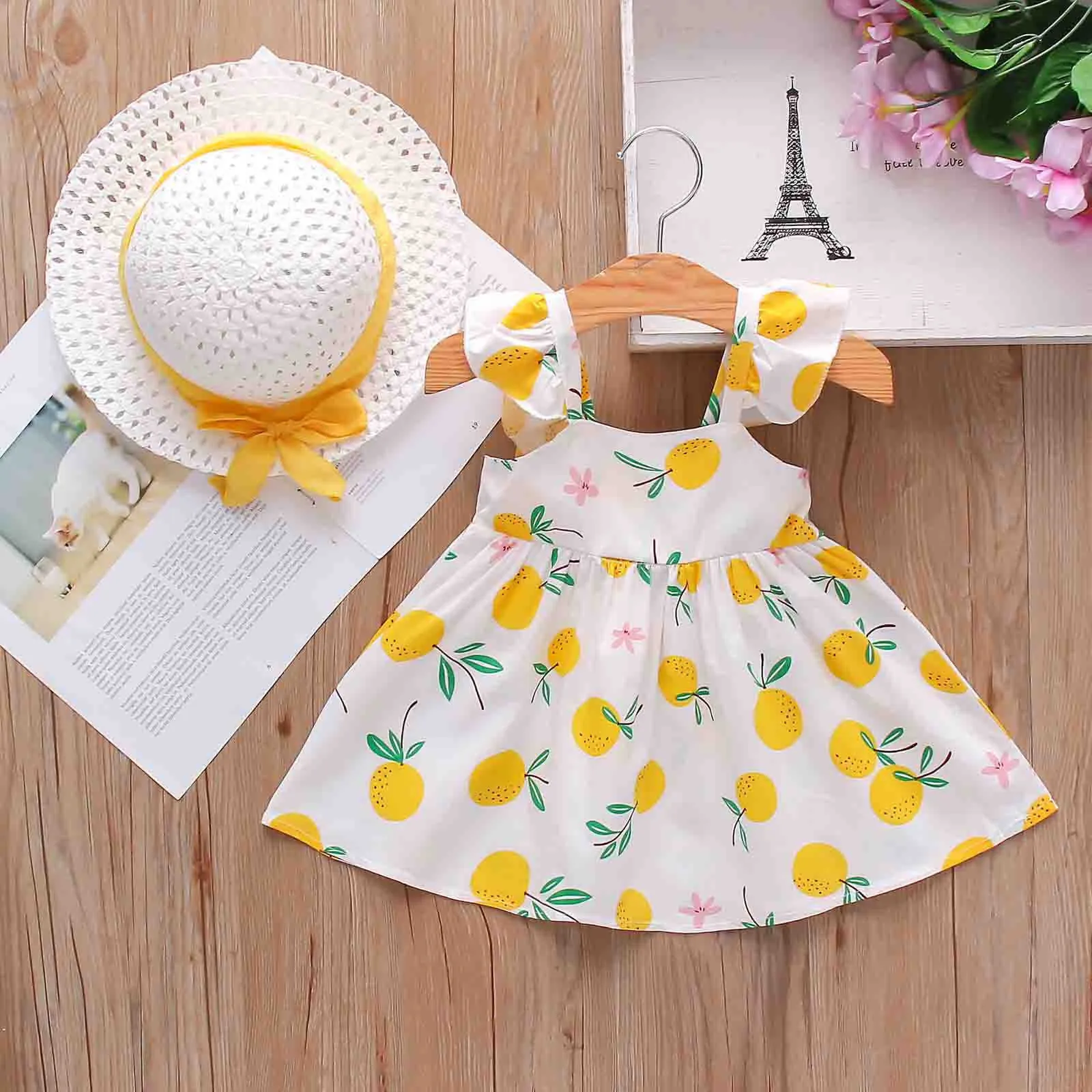 Bowknot Summer Dress Set Mignon Enfant Bébé Enfants Filles Bretelles Citron Imprimer Princesse Robe Chapeau Tenues Bébé Fille Robe # 50 Q0716