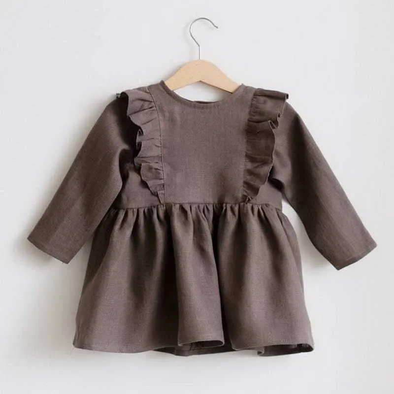 Commercio all'ingrosso primavera bambina vestito a maniche lunghe tinta unita volant stile carino vestiti bambini E0718 210610