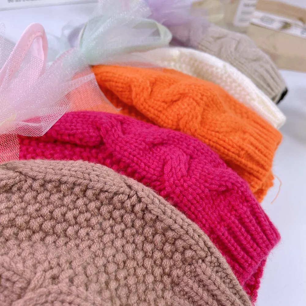 Autumn Winter Baby Kids Knitted Hat Beret Caps Beanies Lace Bowknot Candy Color Girls Children Knit Cap Warm Hats