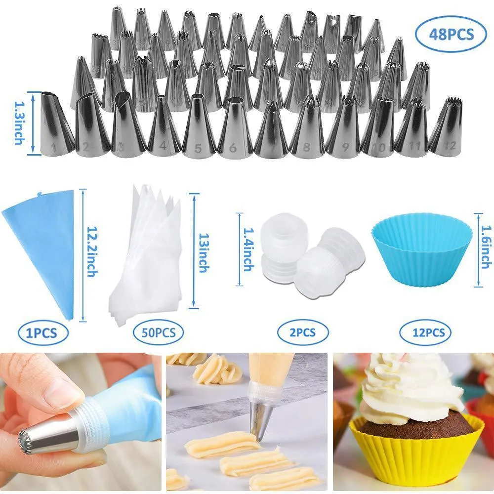 138 st Cake Decorating Tools Kit Icing Tips Turntabla konditorispåsar Koppare Krämmunstycken Bakning för muffins Cookies Y200612