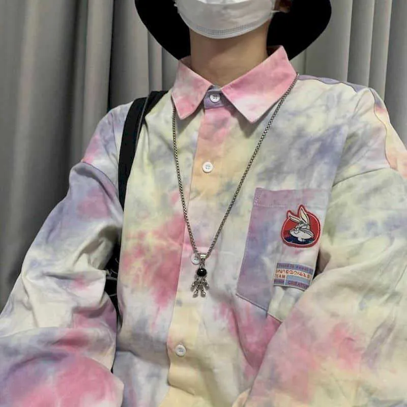 Camicie a maniche lunghe tie-dye da donna punk coreano sciolto bf wind wild camicia coppia versione grande viola chic top e 210526