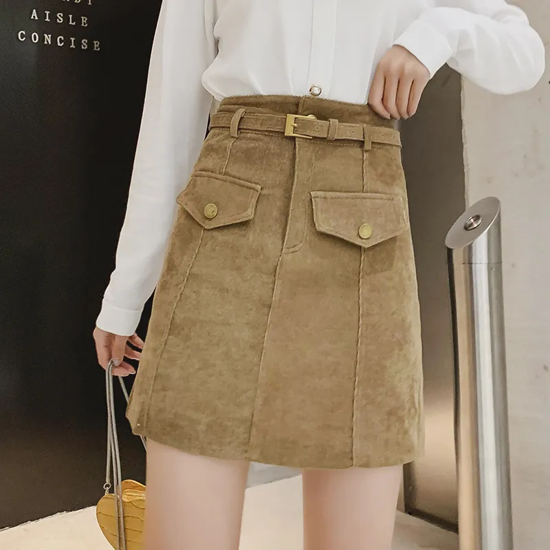 Flectit A-Line Mini-jupe en velours côtelé pour femmes Jupes épaisses d'hiver avec ceinture fausse poche * 210310