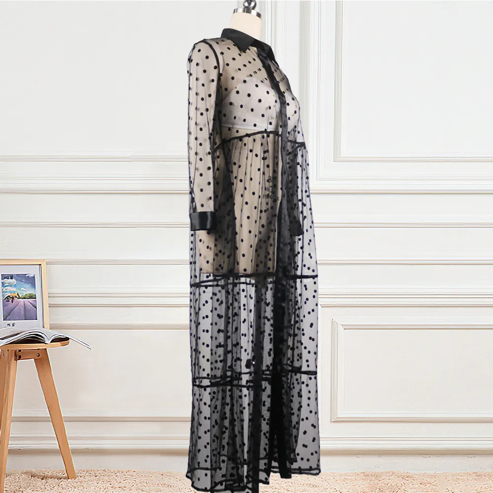 Женщины длинные сетчатые рубашки платье в горошек Смотреть сквозь черный прозрачный тюль африканская мода весенние женские одежды туника плюс размер XL 210309