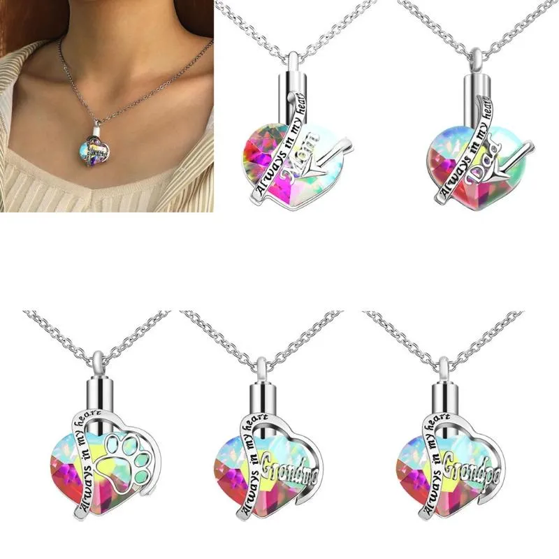 Pendanthalsband Rainbow Crystals Heart Cremation Urn Necklace For Ashes Charm Memorial Keepakes Jewelrypendant250g