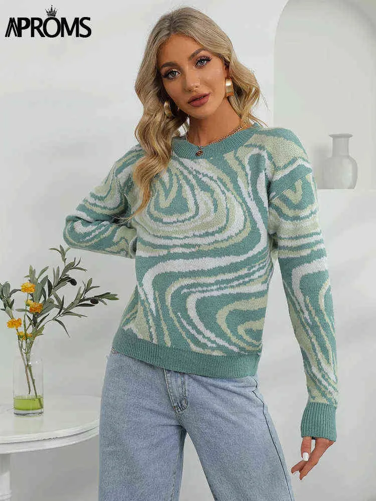 Aproms Elegant Green Tie Dye Knitted Sweater and Pullovers Women Winter Long Sleeve Warm Ribbed Jumper Female Slim Top 211217