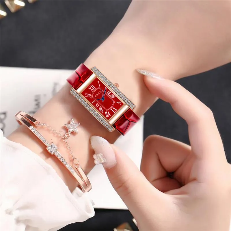 Armbanduhren Jessingshow Damenuhren Mode Damenuhr Leder Luxus Rechteck Diamant Quarz Armbanduhr Geschenke Armband319O