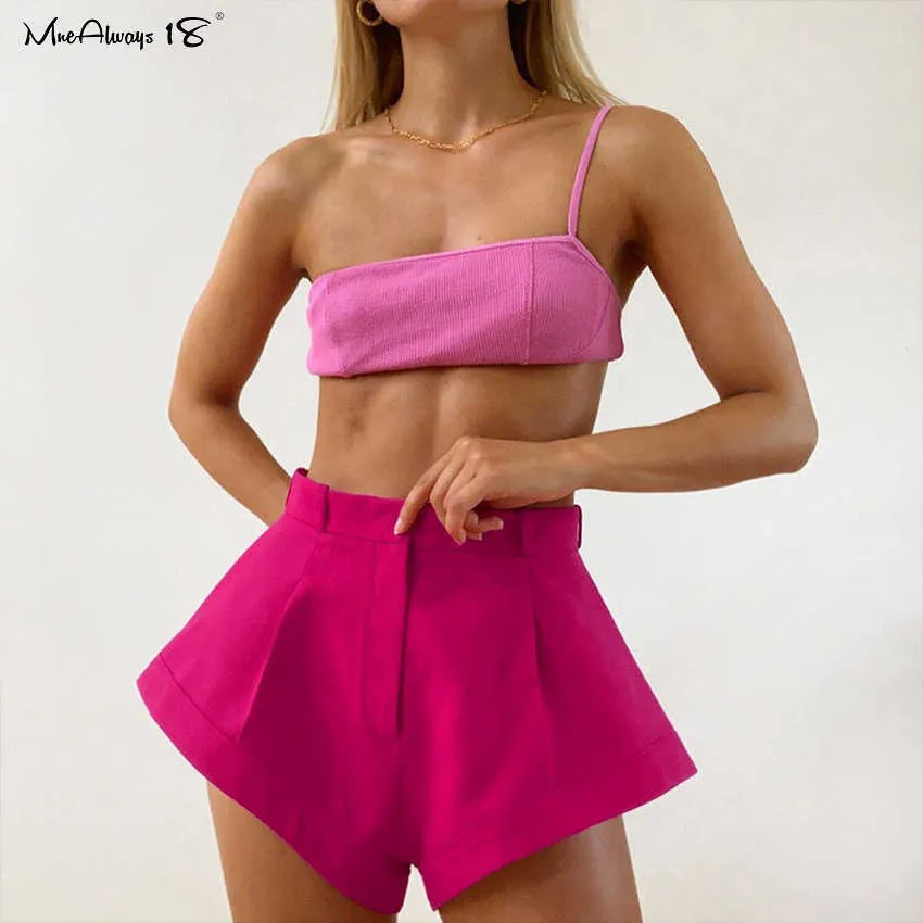 Mnealways18 Rosa Mini Shorts Sexy Hohe Taille Sommer Frauen Chic Casual Weibliche Breite Bein Streetwear 210724