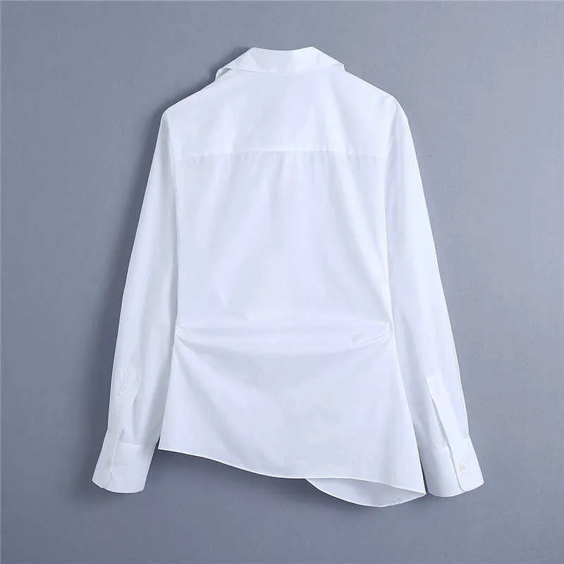 ZA Branco Drapejado Poplin Camisa Mulheres Manga Longa Assimétrica Hem Ruched Top CHIC Button Up Vintage Primavera Camisas 210602