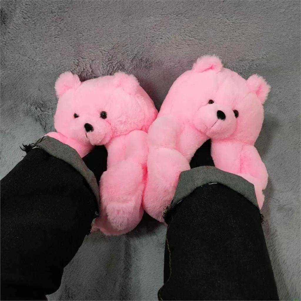 Oso de peluche para mujer, pantuflas navideñas de felpa, zapatilla de Casa de oso de dibujos animados, chanclas peludas de piel sintética para mujer, zapatos de chanclas peludas Y0731