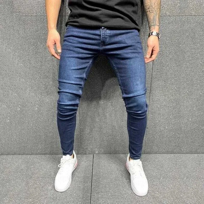 Puimentiua Jeans Hommes Taille Élastique Maigre Stretch Déchiré Pantalon Streetwear s Denim Bleu 211011