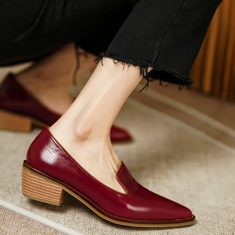 Zapatos de tacón bajo con punta estrecha y tacón bajo de 4,5 cm de cuero genuino para mujer, mocasines informales de estilo OL para mujer, mocasines suaves para uso diario