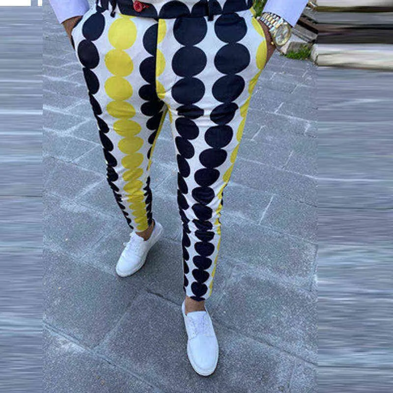 Wiosna wzór Circle Printing Spodnie Biznes Mężczyźni Dorywczo Zaprojektowany Guzik Design Spodnie Jesień Kieszonkowy Mężczyzna Legginsy Spodnie Harajuku X220214