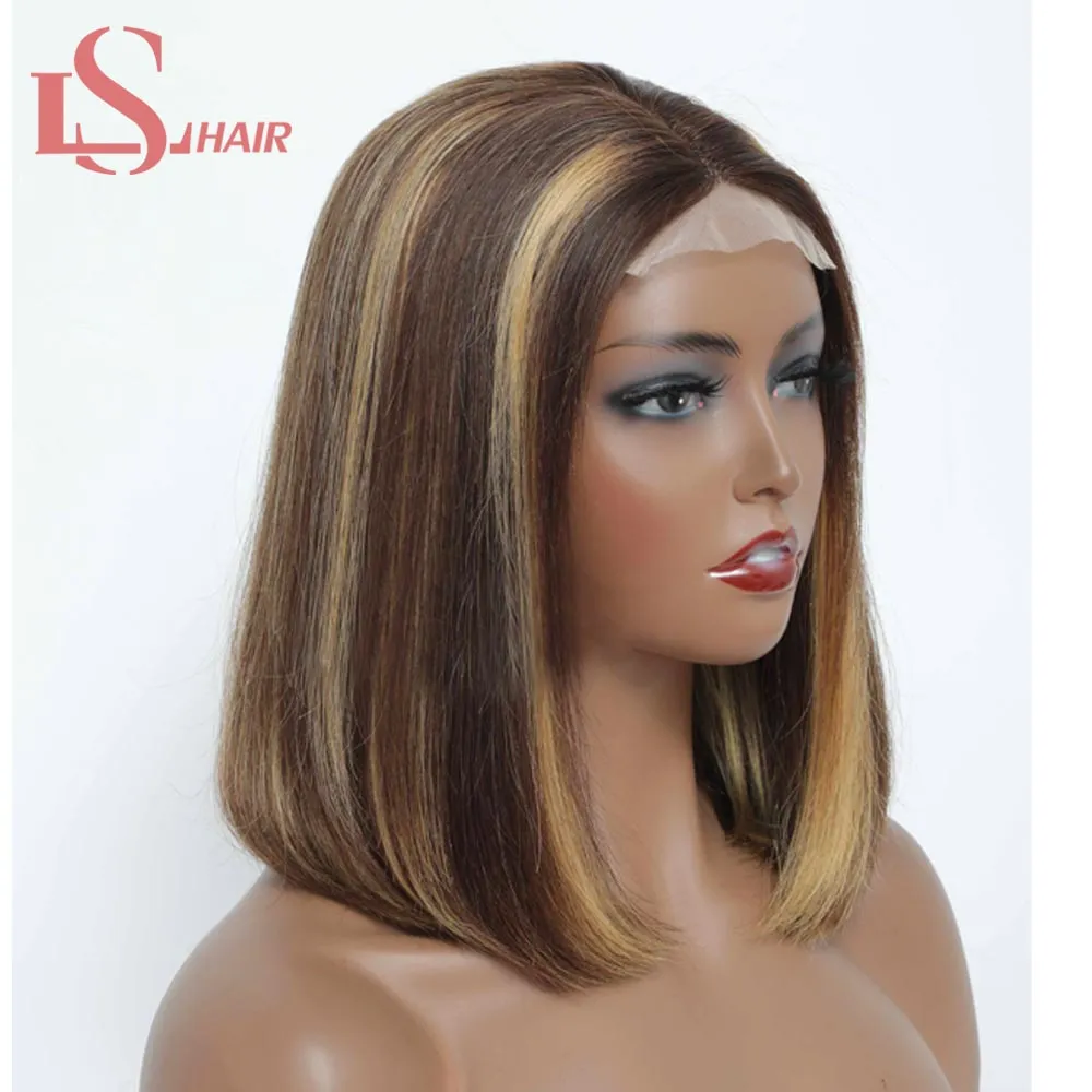 Hair de Bob Destaque Bob Wigs, 150% Remy pré -arrancado P4/27 ombre Fechamento de renda 4x1 t Parte curta Bob Human Hair Wig para Mulheres Negras