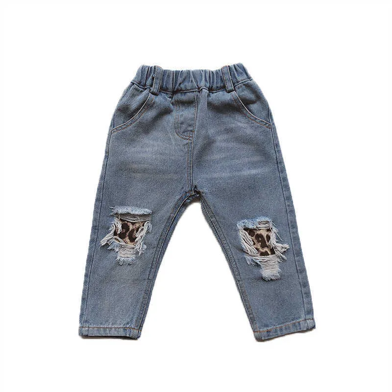 Bear Leader Girls Pants Spring Autumn Kids Leopard Jeans Ripped Hole Byxor Broken Denim Trousers Barn Barn Flicka 3 7y 210708