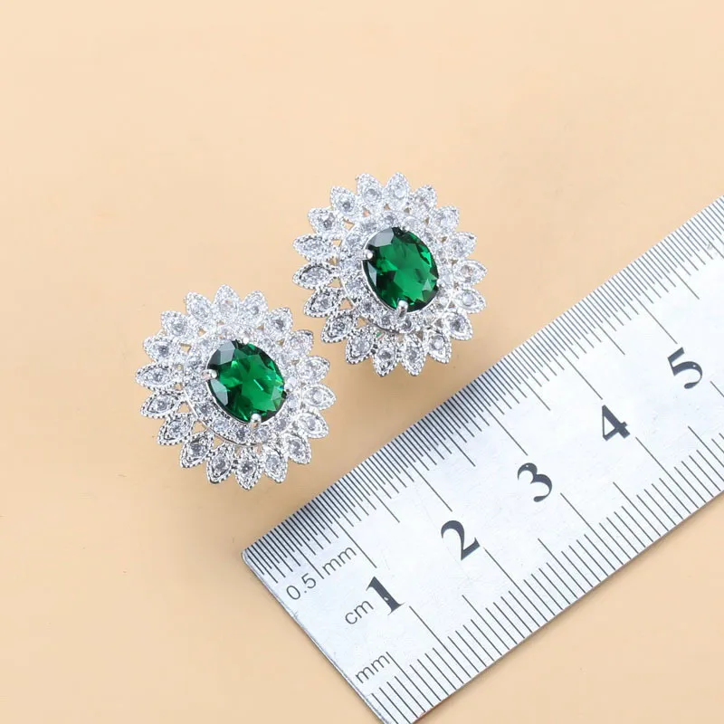 Ensembles de bijoux luxueux en argent 925 pour mariée de Dubaï, boucles d'oreilles en forme de tournesol, zircon cubique vert, collier, bracelet et bagues 220210239x