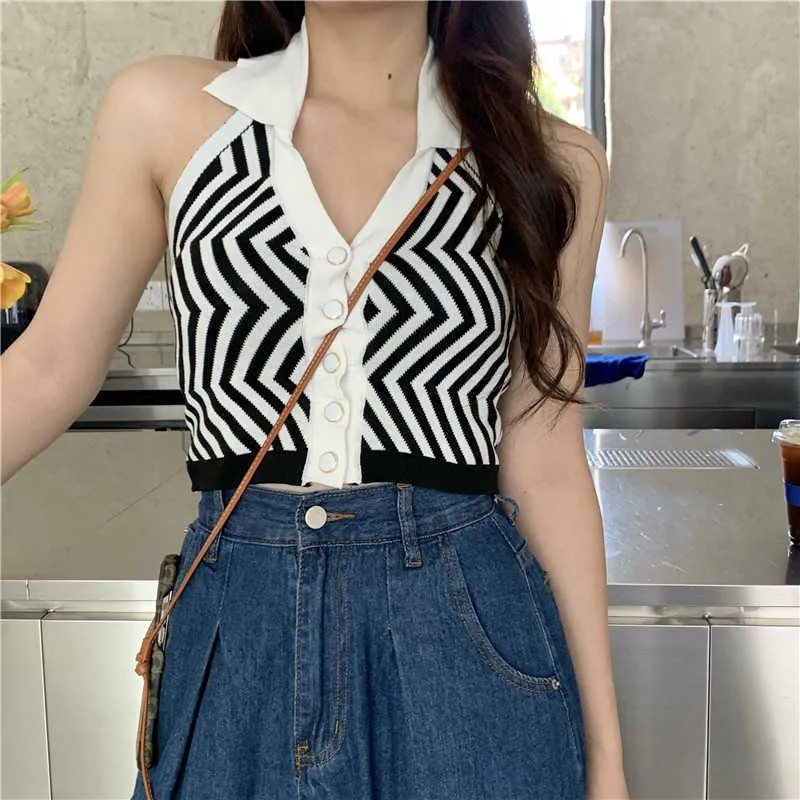 Polo Collar, Strapless Neck Streetwear Front Buttons Camis Fashion Blue Wave Pattern Top Vintage Knitted Women Tank 210529