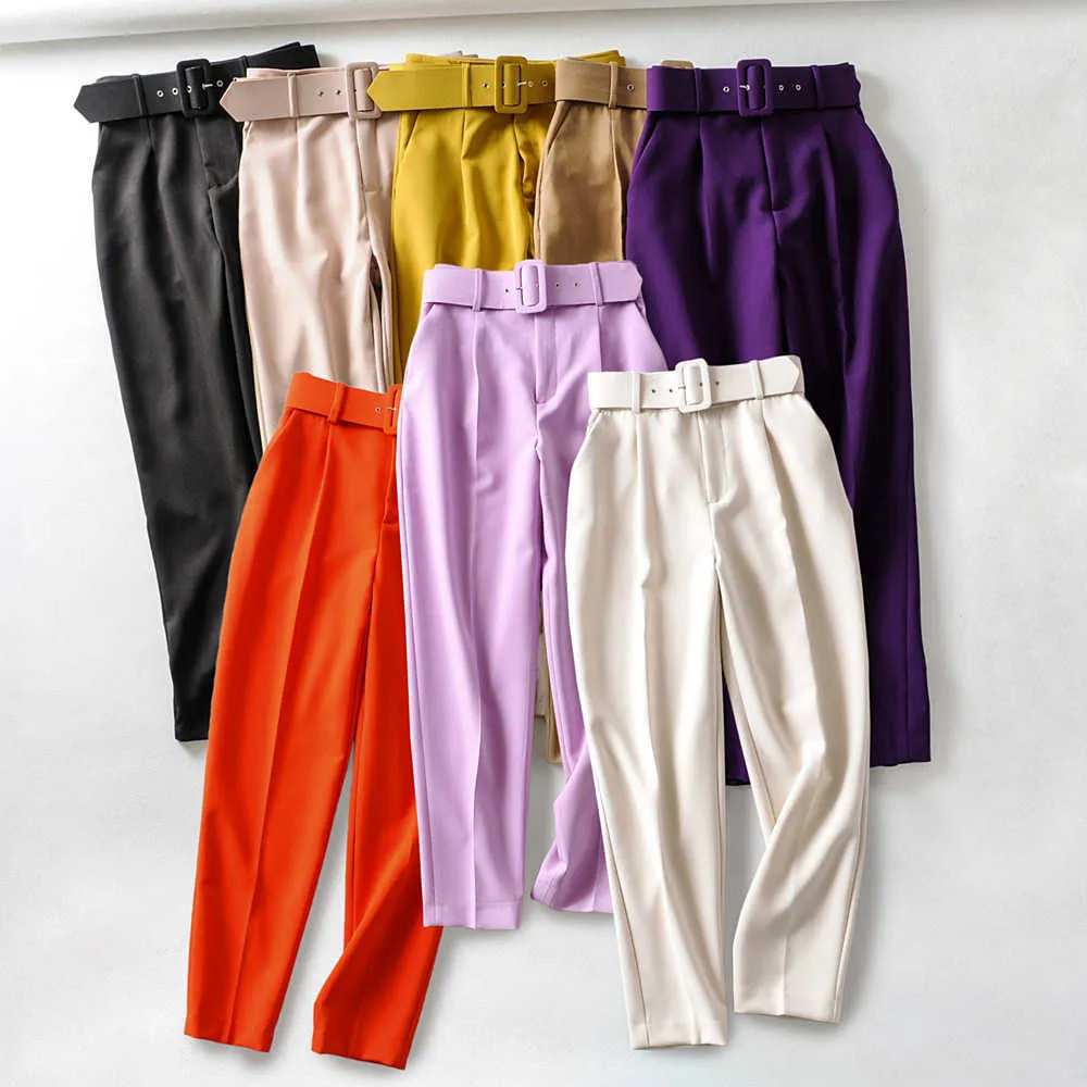 여성 우아한 블랙 바지 새시 포켓 지퍼 플라이 솔리드 레이디 스트리트웨어 캐주얼 세련된 바지 Pantalones 9 색 210706
