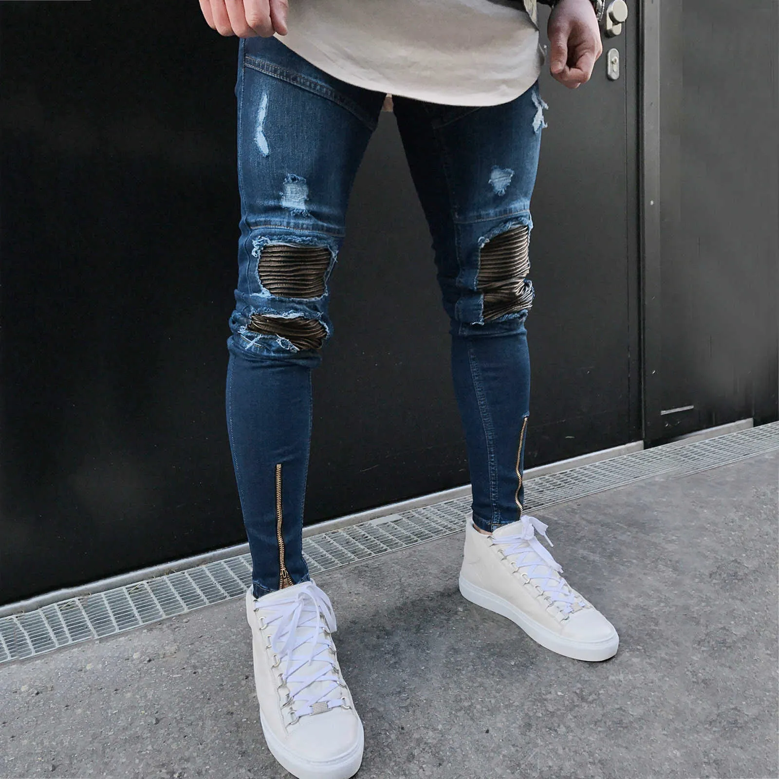 Män casual fitness bodybuilding pocket hud full längd sport denim byxa högkvalitativa jeans hip hop streetwear x0621