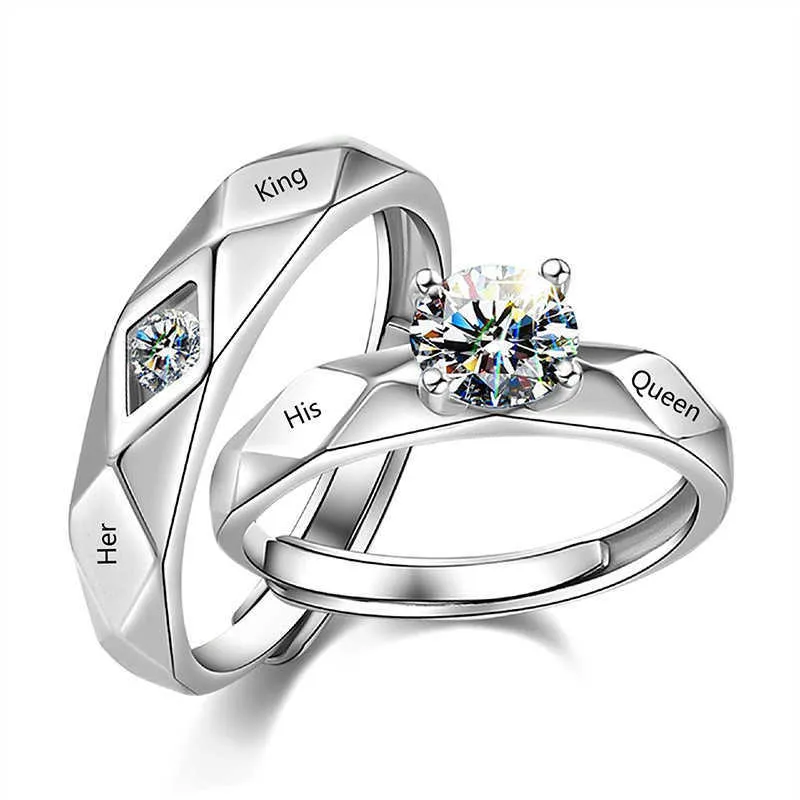2 sztuk Srebrny Kolor Jego Królowa Jej King Fashion Para Lover Obiecka Pierścionek Dla Kobiet Człowiek Unisex Sterling Silver CZ Wedding Jewelry X0715