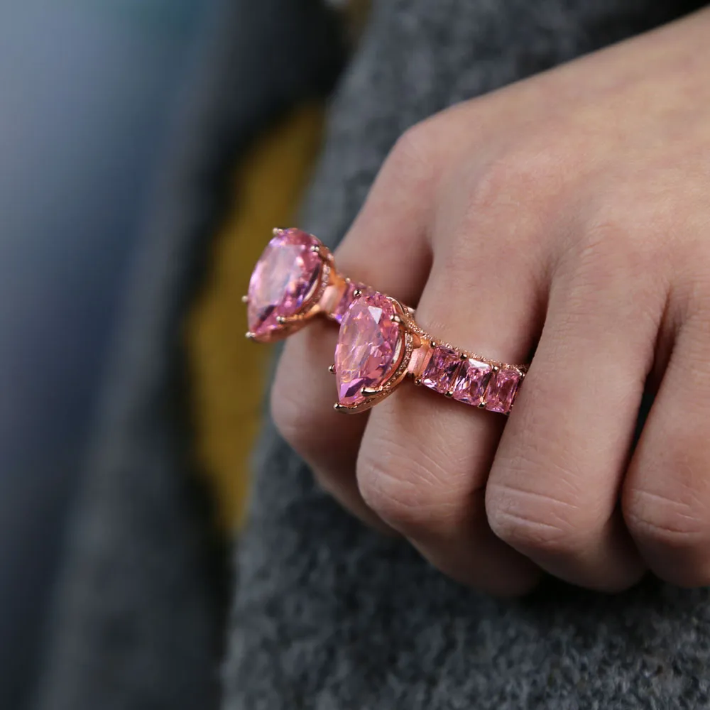 Nuovi anelli di pietra di accento di grande forma a pera rosa ss tagliare a fascia piena cz band impegnata anello mignolo rosa lacrima donne 2021616960