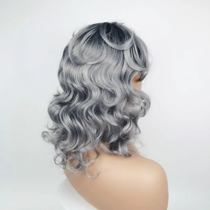 Szary kolor kręconych falistej syntetycznej peruki ludzkie peruki włosy do włosów dla czarno -białych kobiet pelucas K418965744