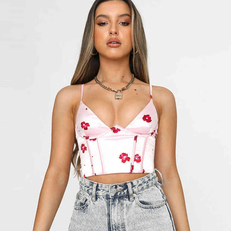 Hbenna V-hals Satijn Crop Top Dames Floral Print Camis Sexy Corset Mouwloze Tank Top Backlesss Zomer Mode Blauw Zijde Camisol Y220304