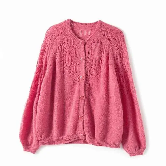 Primavera mujer ahueca hacia fuera la rebeca de punto cuello redondo Color sólido suéter de un solo pecho prendas de punto 210914