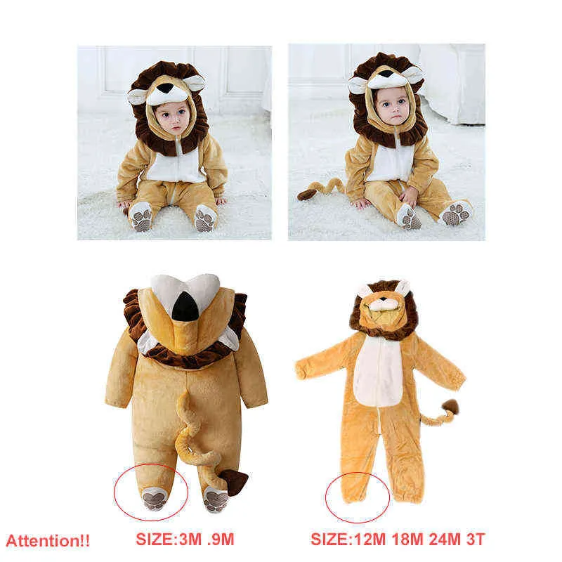 Baby leeuw onesie dier kostuum peuter jongen meisje lange mouw romper grappige schattige warme kleding kind kind 0-3 jaar baby kigurumis 211229