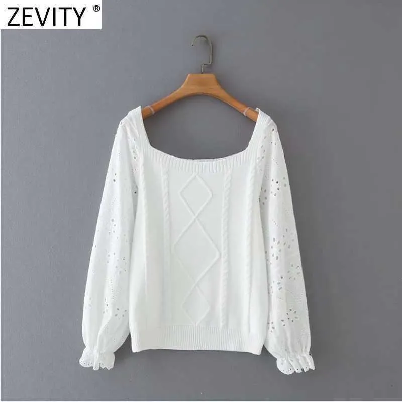 Zevidade mulheres oca para fora bordado manga longa patchwork crochet tricô camisola feminina chique fora do ombro pulôvers tops s627 210603