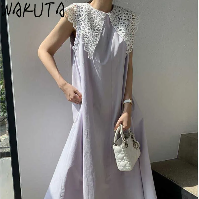 Wakuta spets krage ärmlöss lång klänning kvinnor koreanska japanska casual lösa damer söta vind eleganta väst klänningar sommar 210630